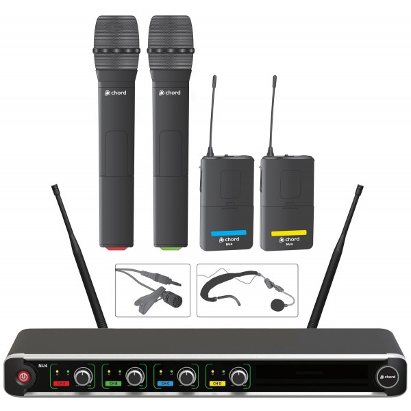 NU4-C Sistema inalámbrico UHF de 4 canales com micros de Mano, Diadema y Solapa